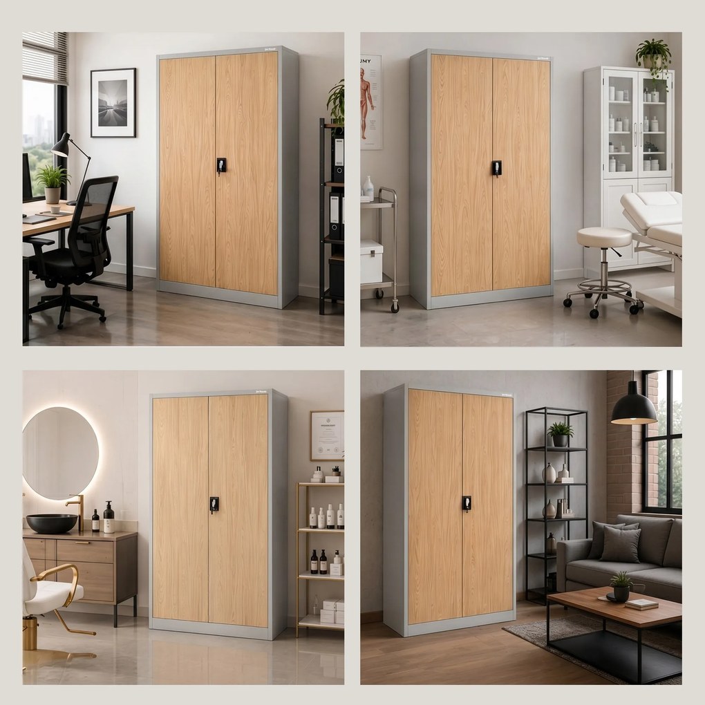 Szafa biurowa metalowa na akta, szeroka, szara/dąb sonoma, 1150x1850x400 mm: JAN II Eco Design