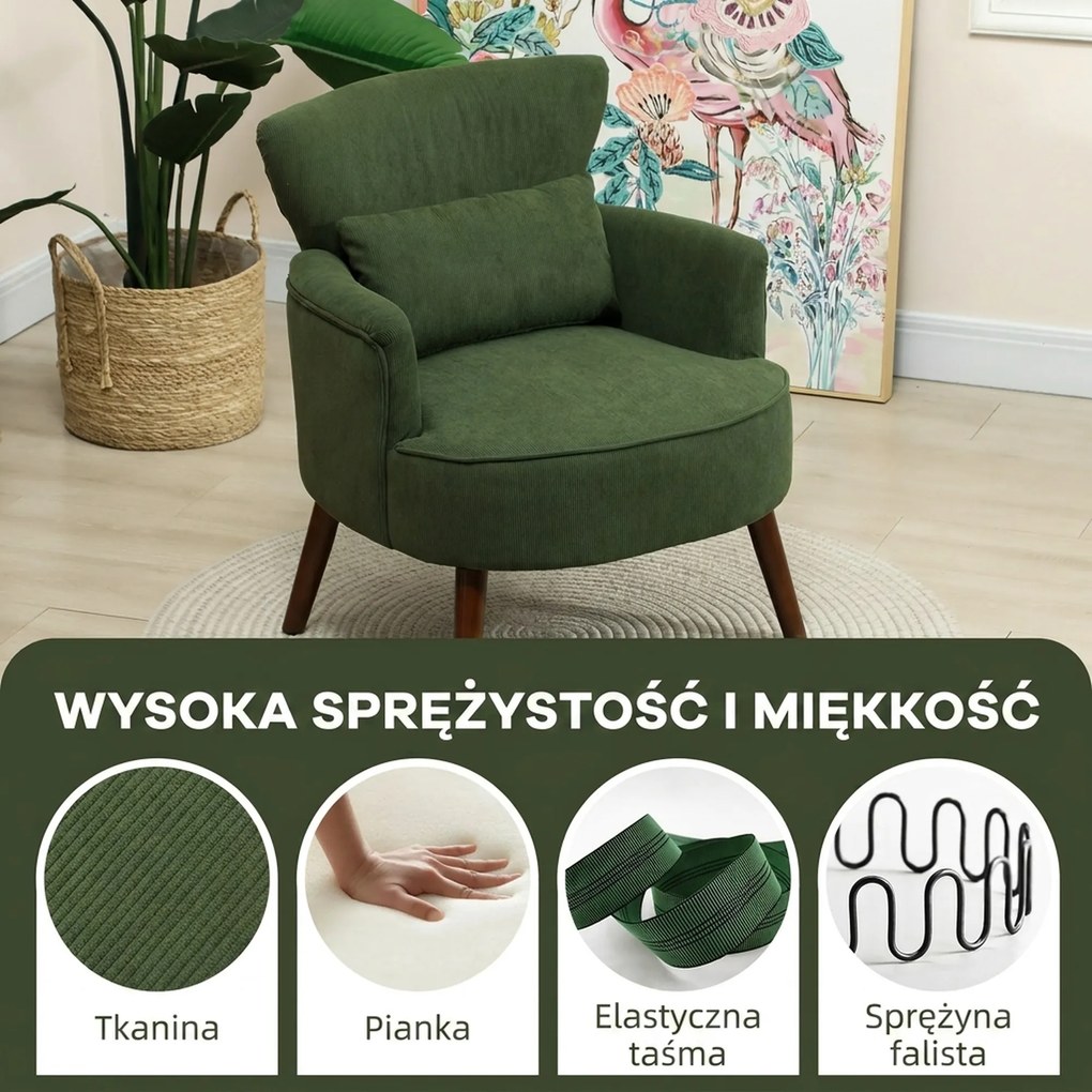 HOMCOM Nowoczesny fotel z podłokietnikami, tapicerowany fotel akcentowy z poduszką lędźwiową, Zielony
