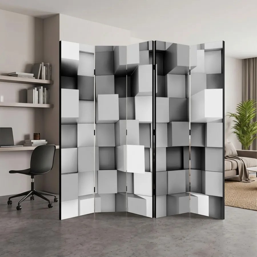 Parawan pokojowy 5-częściowy 225x172 Dwustronny dekoracyjny nowoczesny geometryczny Szary Szare Sześciany 3D