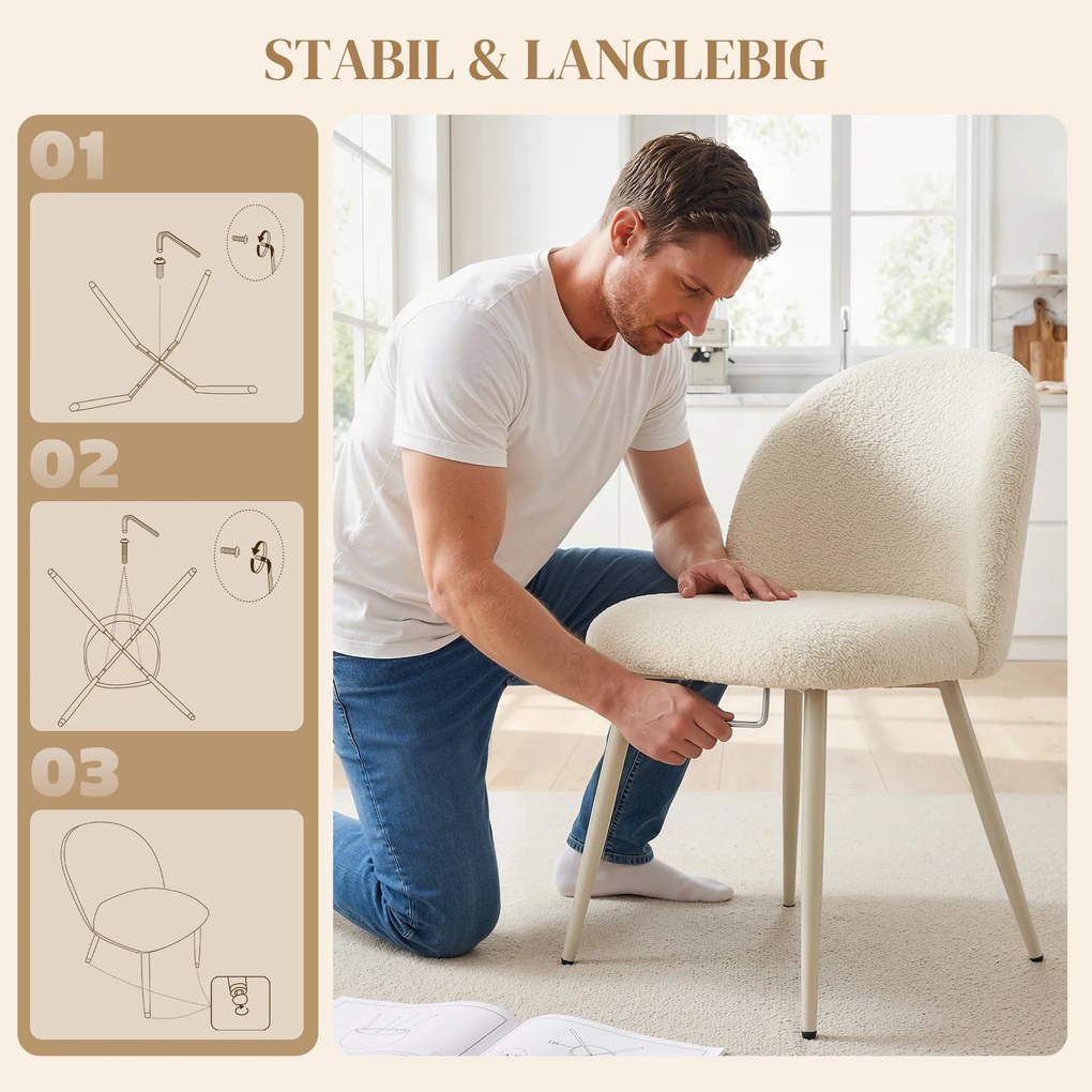 HOMCOM Krzesła do jadalni, krzesła kuchenne, miękkie tapicerowane chenille, 50,5 x 57,5 x 78,5 cm, kremowobiały | Aosom PL