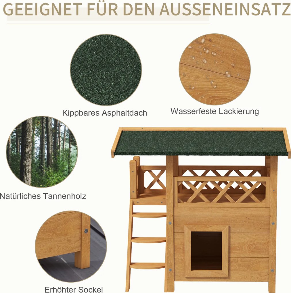 PawHut Domek dla kotów, Chatka dla zwierząt, Dach asfaltowy, 2 Poziomy, 1 Schody, Naturalny + Zielony