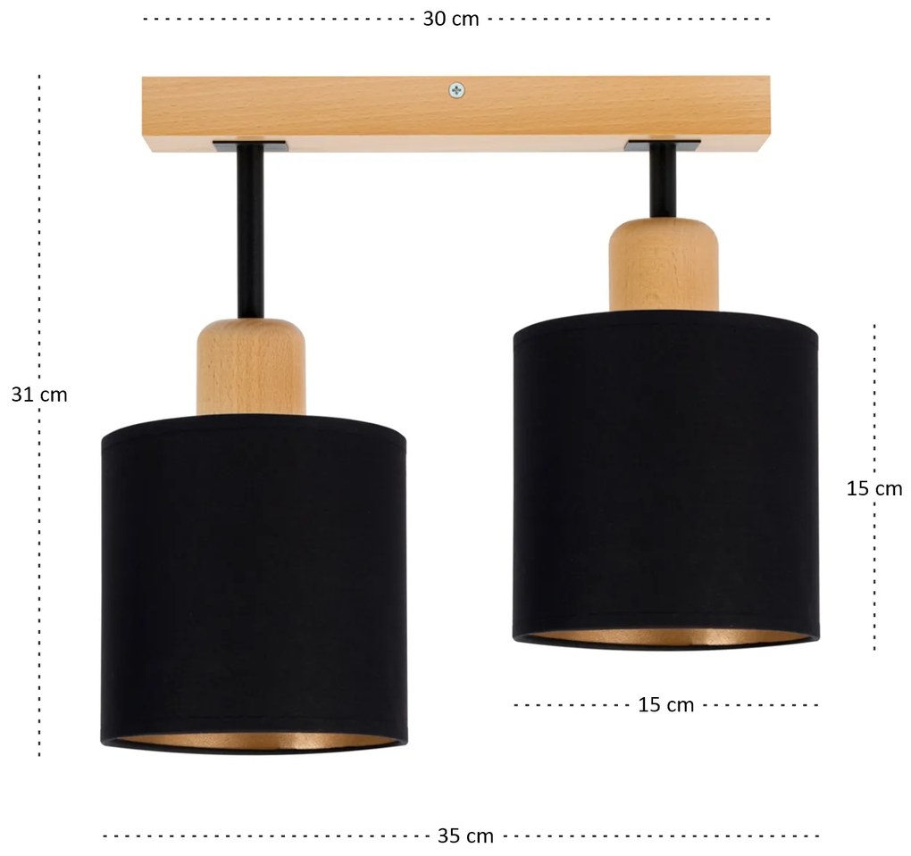 Czarna lampa sufitowa, dwupunktowy spot CL-DSC30x7BU-SC z drewna E27