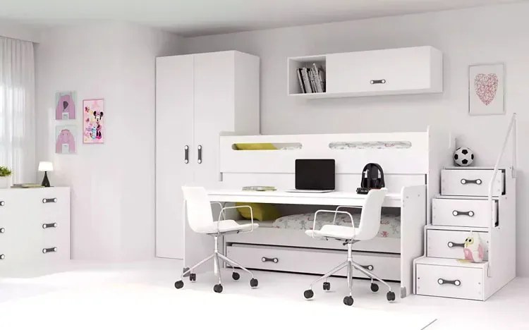 Białe piętrowe łóżko z wysuwanym biurkiem T7-C68