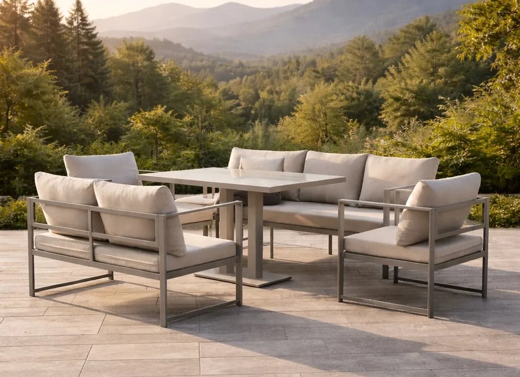 Zestaw mebli ogrodowych Bellagio 005 z sofami, fotelami i stołem, szary, poduszki beżowe