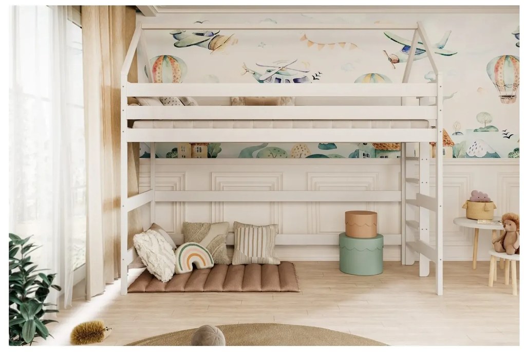 Łóżko domek na antresoli TOBI 1 200x80 białe drewniane KOCOT KIDS