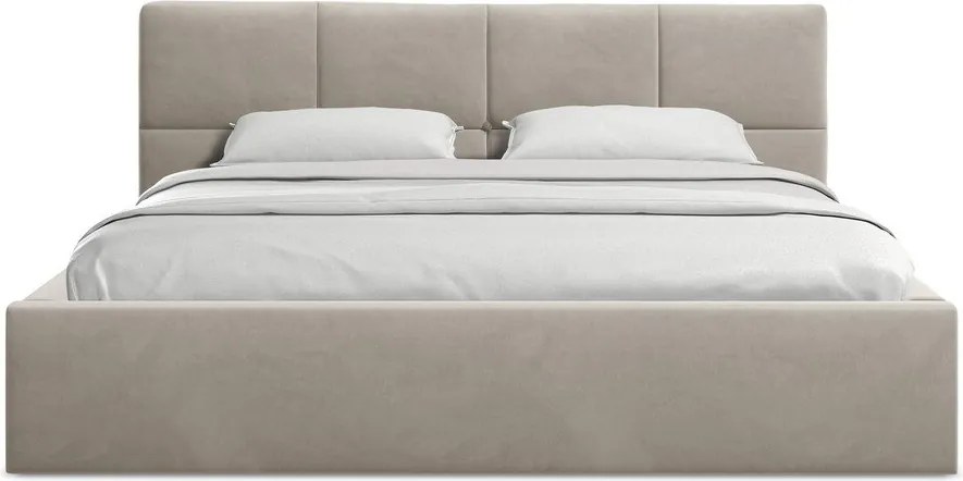 Szarobrązowe aksamitne tapicerowane łóżko dwuosobowe ze schowkiem ze stelażem 140x200 cm Hiko – Makamii