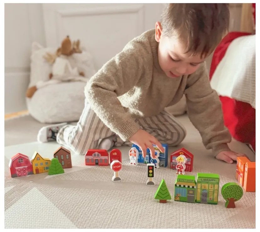 Tooky toy drewniany zestaw budynków i figurek miasto