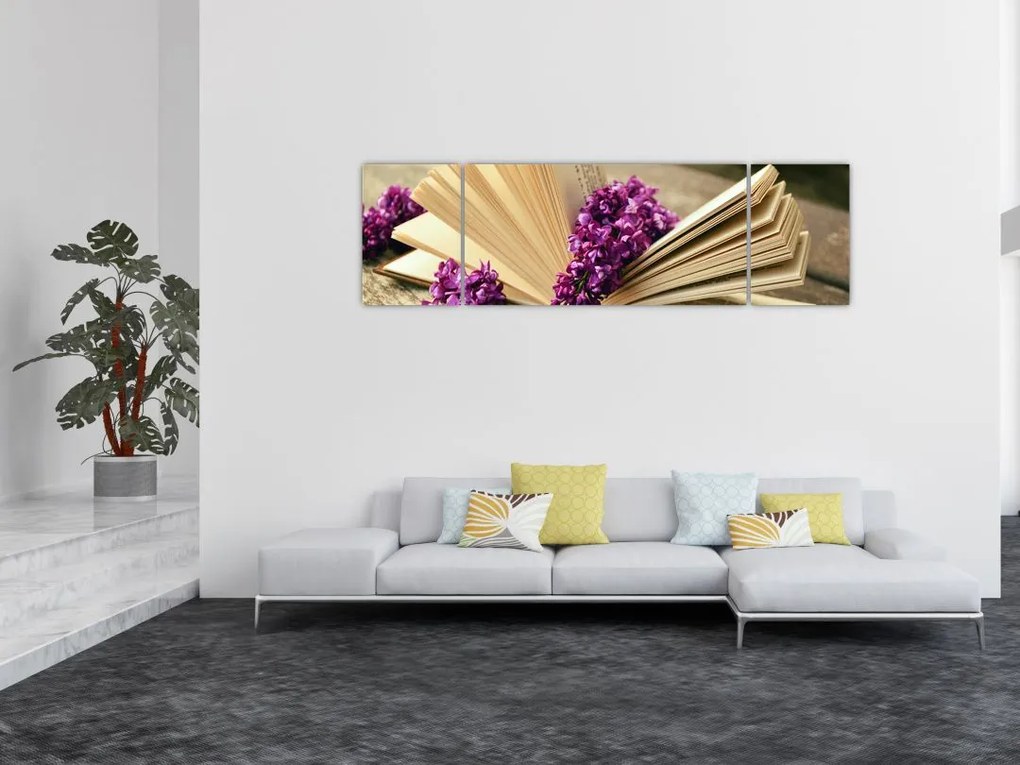 Obraz książki i fioletowych kwiatów (170x50 cm)