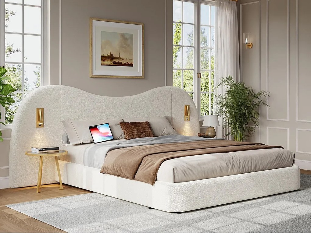 Łóżko tapicerowane ze schowkiem 180x200 cm - z USB i lampką do czytania - Tkanina typu bouclé - Biały​ (bez materaca)