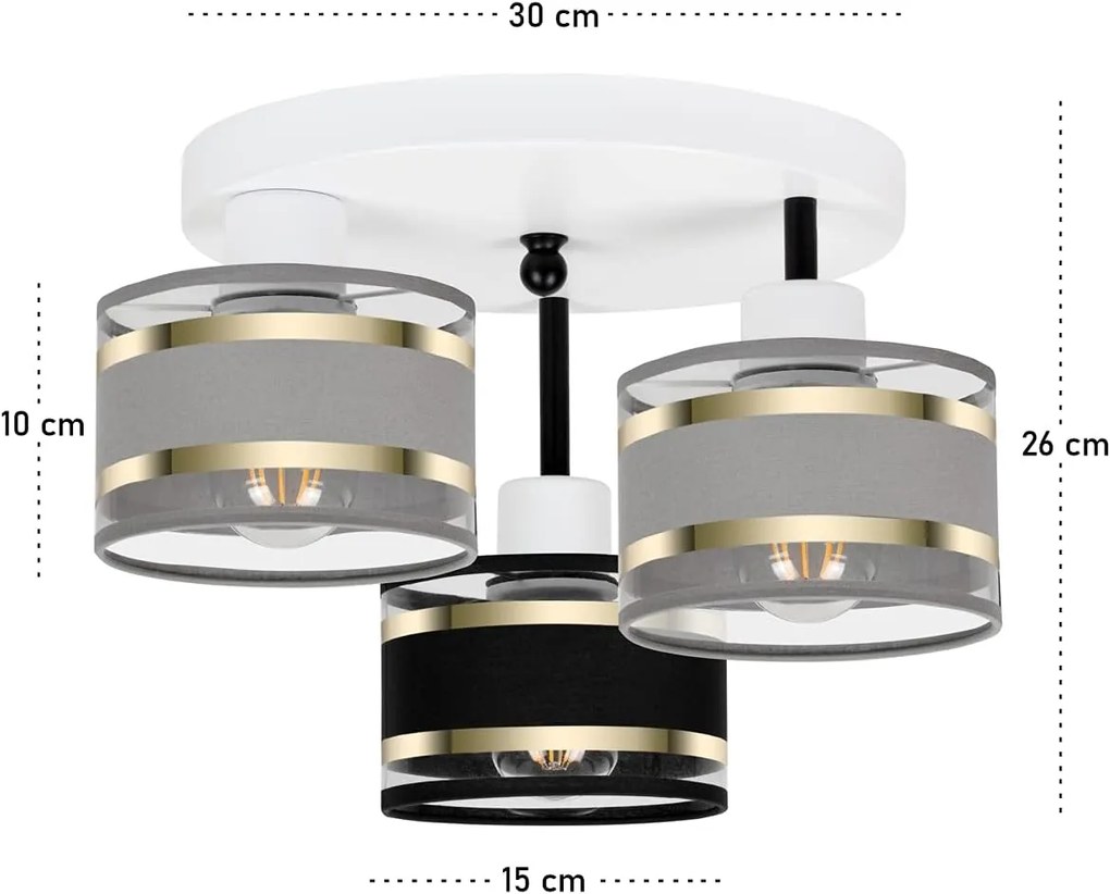 Lampa sufitowa biała trzypunktowa z szaro-czarnymi abażurami T-3030WE-