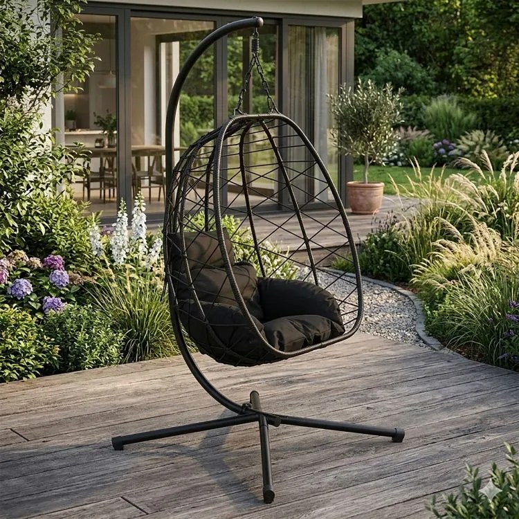 Fotel ogrodowy kokon wiszący Florino, ze stelażem, technorattan czarny