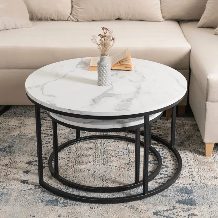 Zestaw Stolików Kawowych DAFNE MAX 60 cm/80 cm Biały Marmur Nowoczesny Glamour