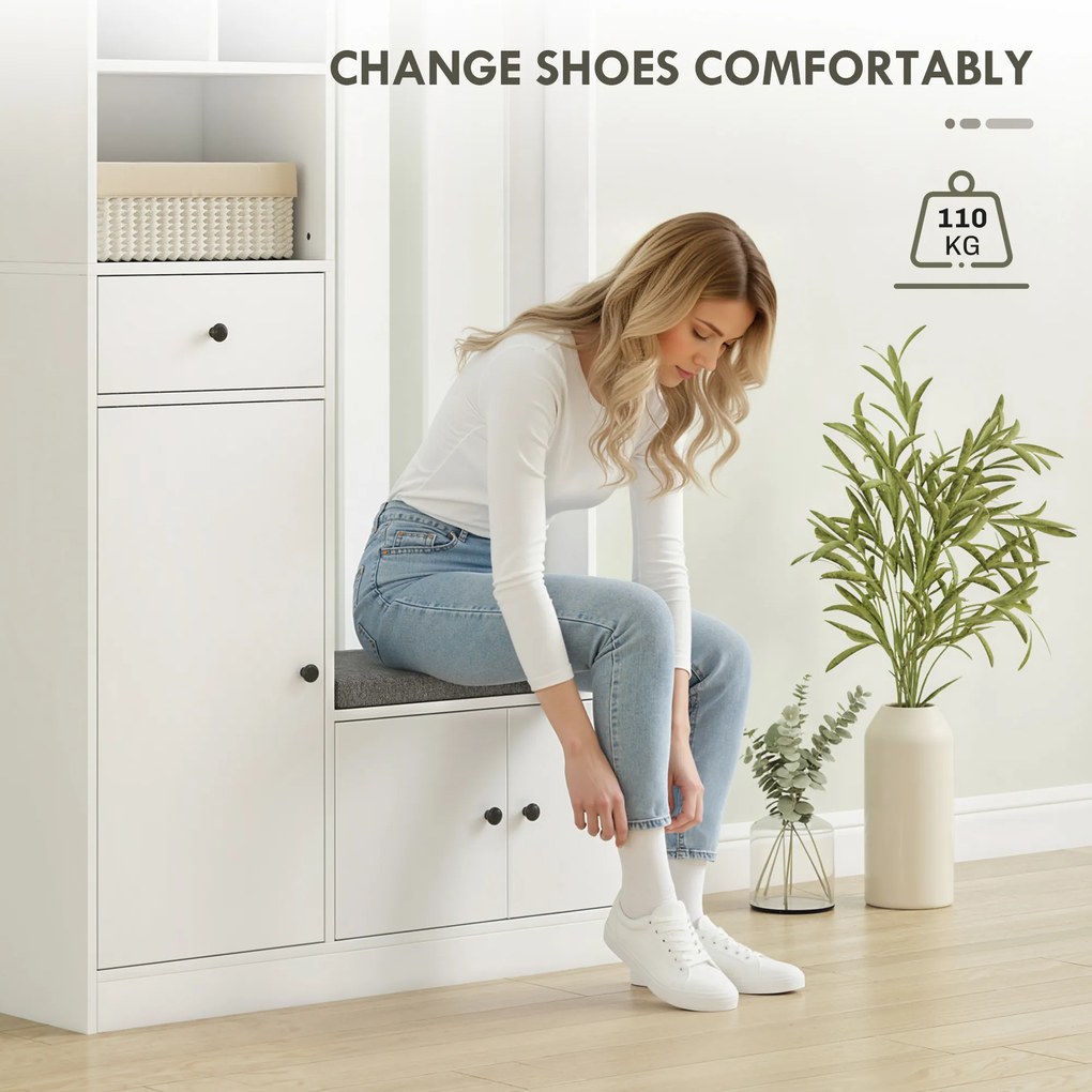 HOMCOM Szafa garderobiana 180 cm z wieszakiem, ławką na buty, 4 haczykami, otwartymi półkami, MDF, Biały