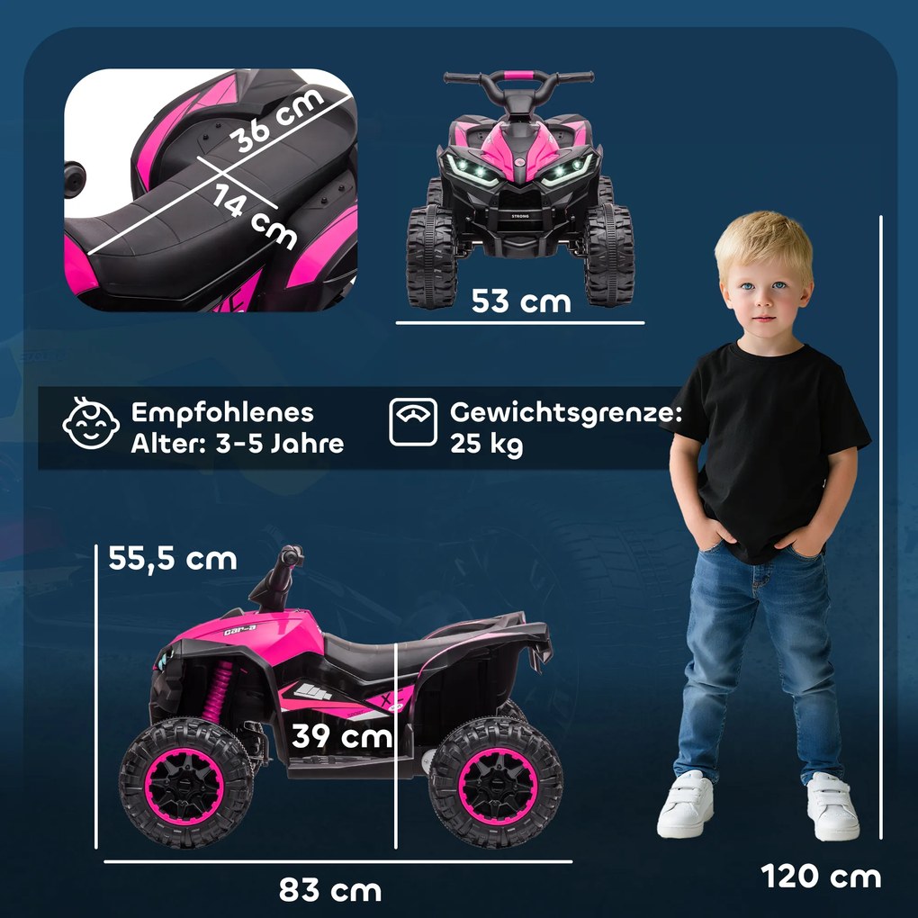 HOMCOM Elektryczny Quad dla Dzieci, 3-6 km/h, Światła/Muzyka, dla 3-5 Latków, do 25kg, Różowy/Czarny