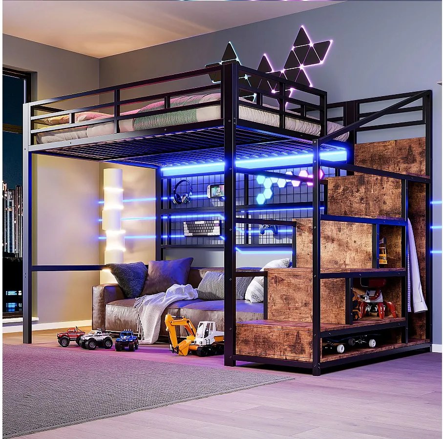 Łóżko piętrowe dla dzieci - 140 x 200 cm - z szafą + schowkiem na klatce schodowej + diodami LED - Metal + MDF - czarny