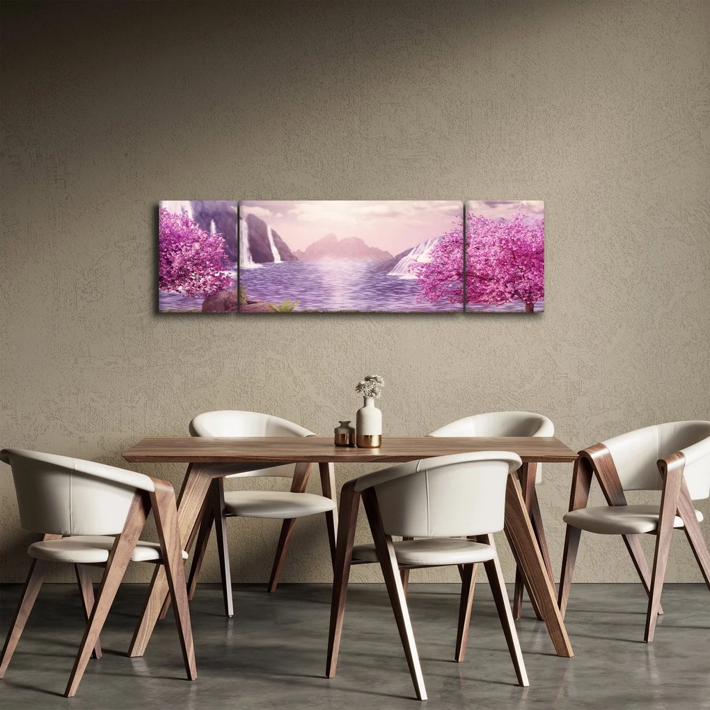 Obraz różowych drzew z jeziorem (170x50 cm)