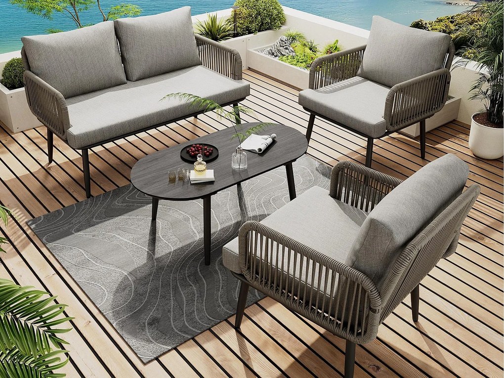 Zestaw mebli ogrodowych 4-osobowy - kanapa + stół kawowy + 2 fotele, plecionka z grubego sznura, szary