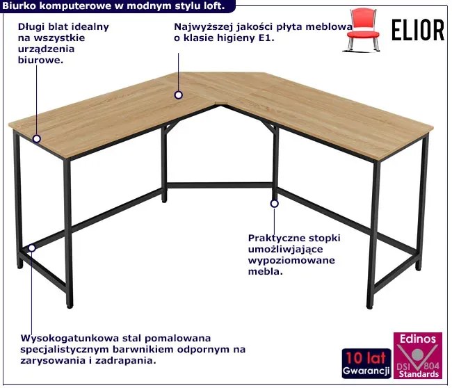 Minimalistyczne narożne metalowe biurko dąb sonoma - Fios