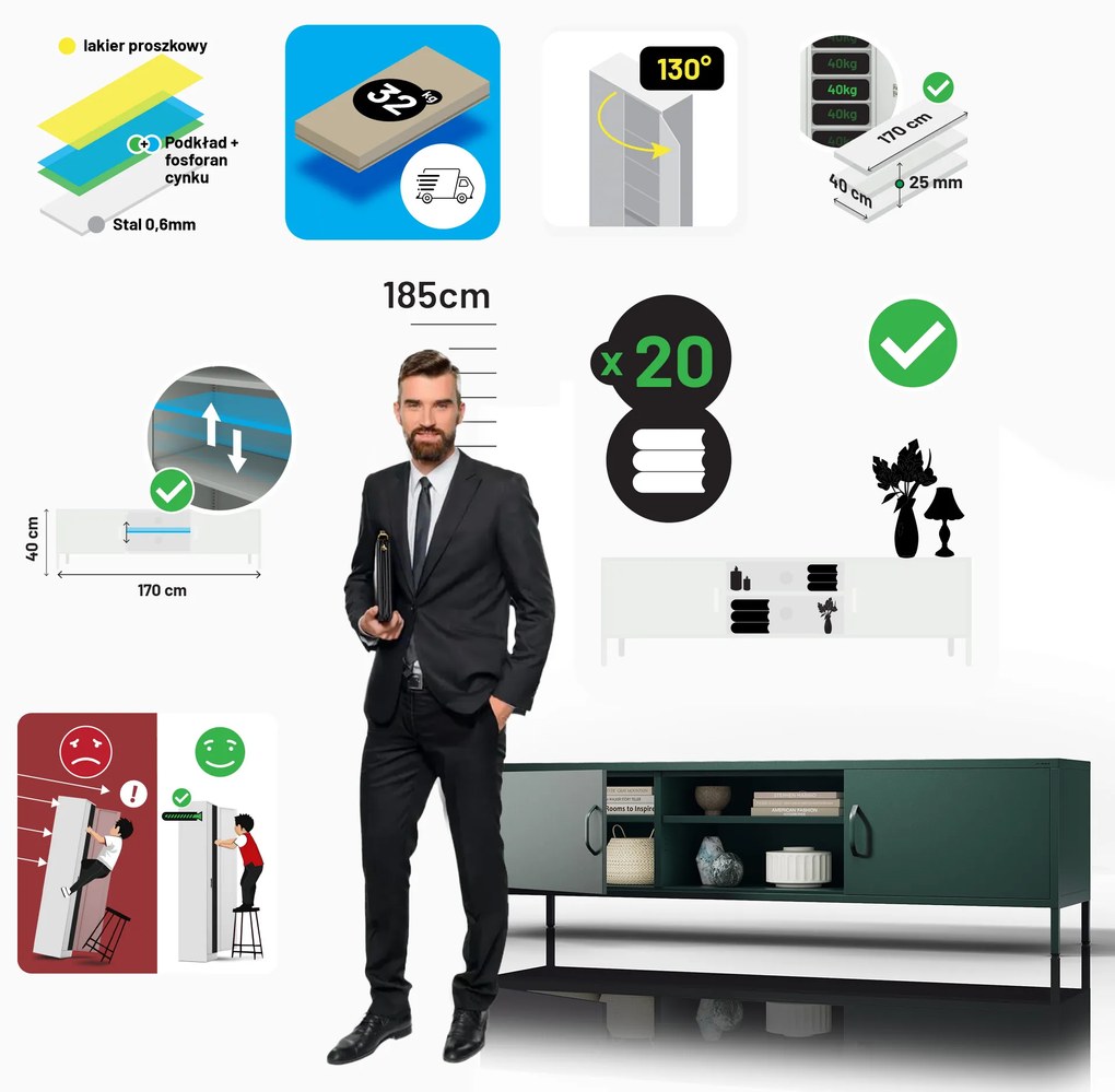 Szafka RTV długa XL butelkowa zieleń ROSARIA 1700 x 400 x 500 mm