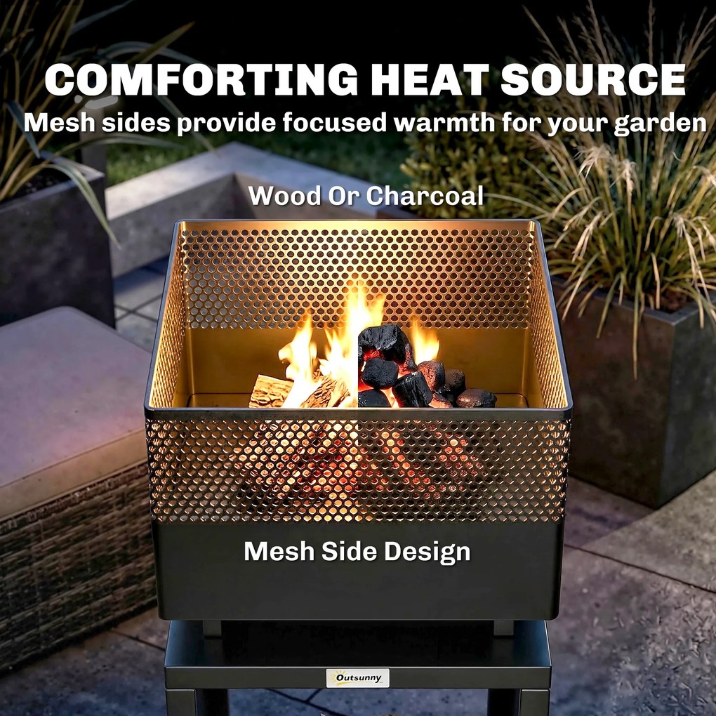 Outsunny Palenisko 39 x 39 x 87 cm z miejscem na drewno, kratką na węgiel i regulowanymi nóżkami, czarne | Aosom PL