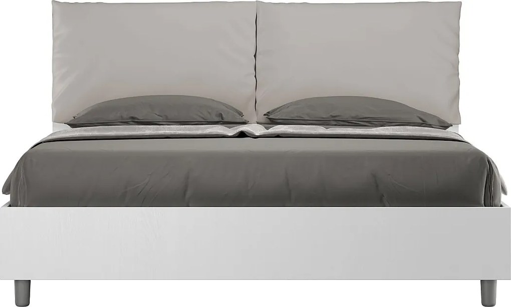 Łóżko podwójne Antea 160x200 cm z pojemnikiem, podwójne podnoszenie, białe drewno jesionowe, poduszki z eco-skóry w kolorze gołębiej szarości