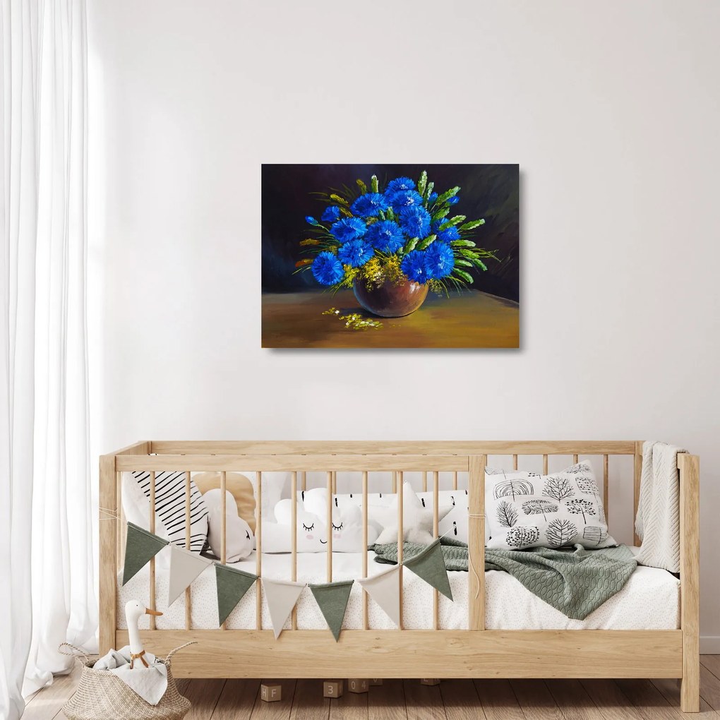 Obraz na szkle niebieskich kwiatów w wazonie (70x50 cm)