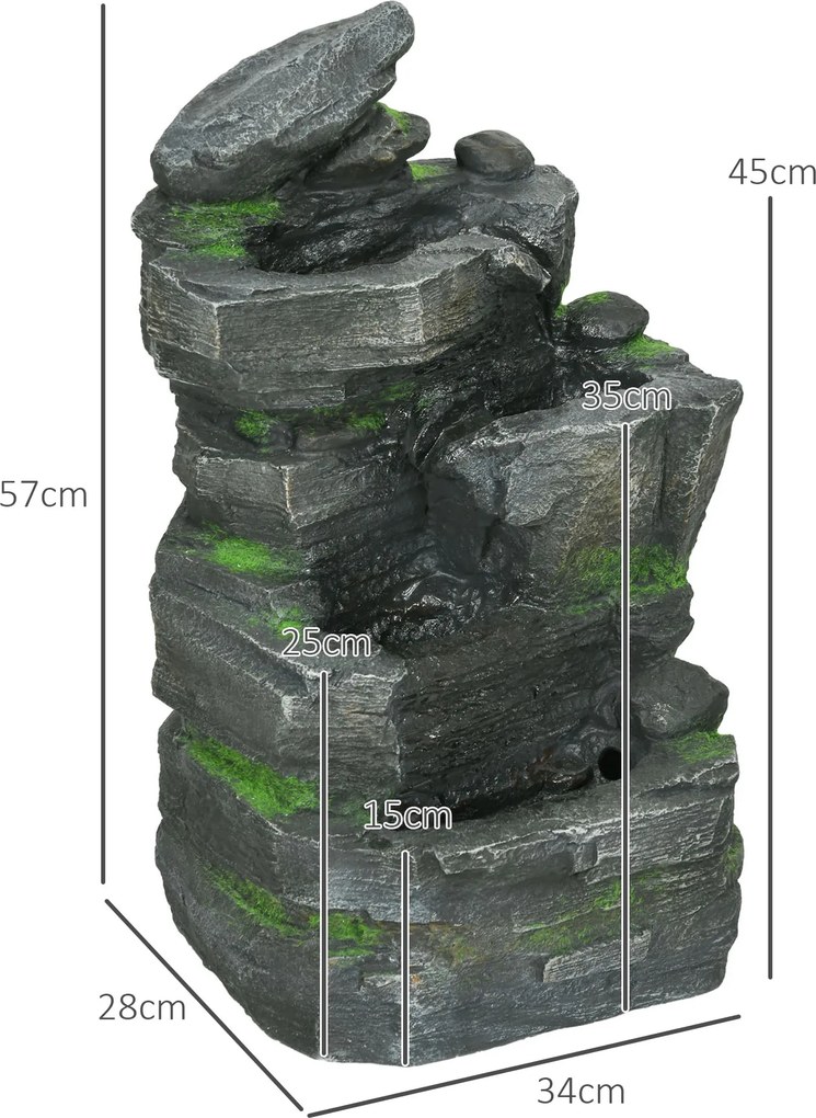 kaskada ogrodowa Outsunny oczko wodne solarne z LED 57cm, Szary/Ciemnobrązowy, 4-stopniowe, żywica syntetyczna | Aosom PL