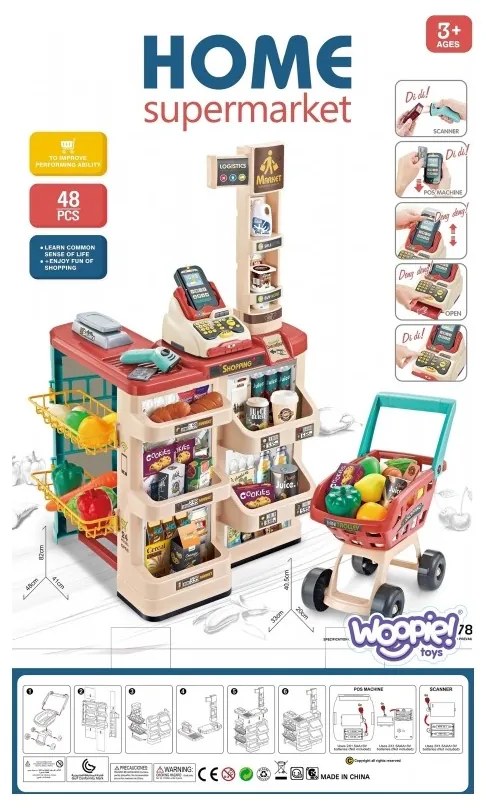 Woopie sklep supermarket z wózkiem sklepowym waga kasa skaner + 48 akc.