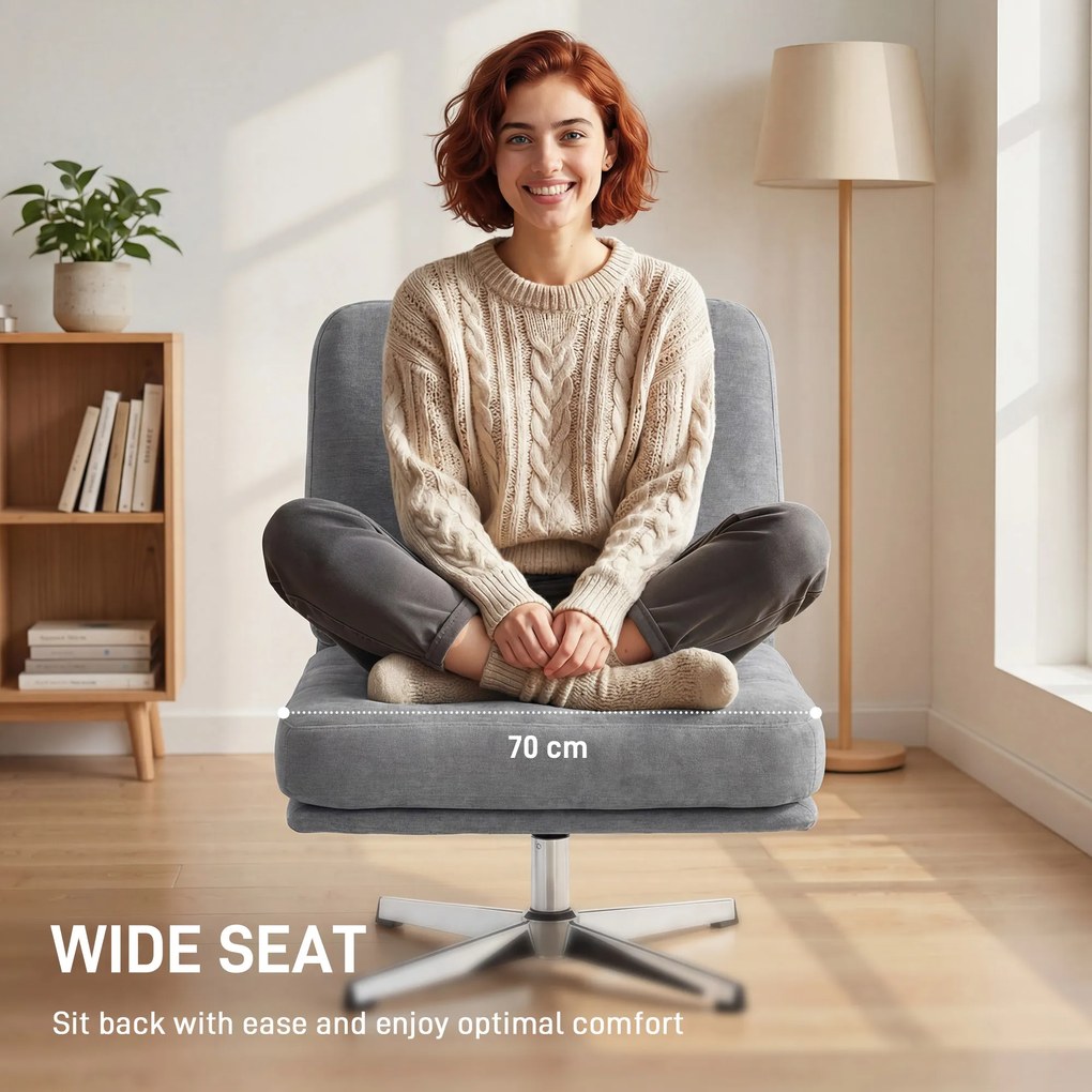 HOMCOM Obrotowy Fotel Akcentowy, Tapicerowany Fotel Czytelniczy z Chenille, Szerokim Siedziskiem, Sprężynowym Wypełnieniem i Metalowymi Nogami, Jasnoszary | Aosom PL