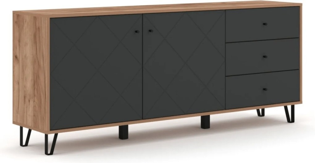 Komoda Dwudrzwiowa z Szufladami BACARDI 183 cm Dąb Craft Tobacco/Grafit Nowoczesna