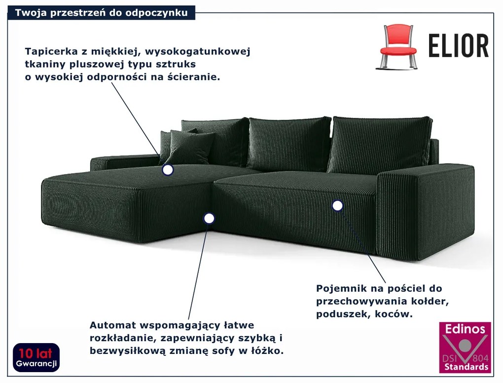 Zielony nowoczesny narożnik sztruksowy z funkcją spania D0-P24