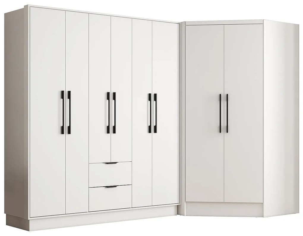 Szafa narożna 8-drzwiowa z 2 szufladami - dł. 263 cm - Biały - FEOVA