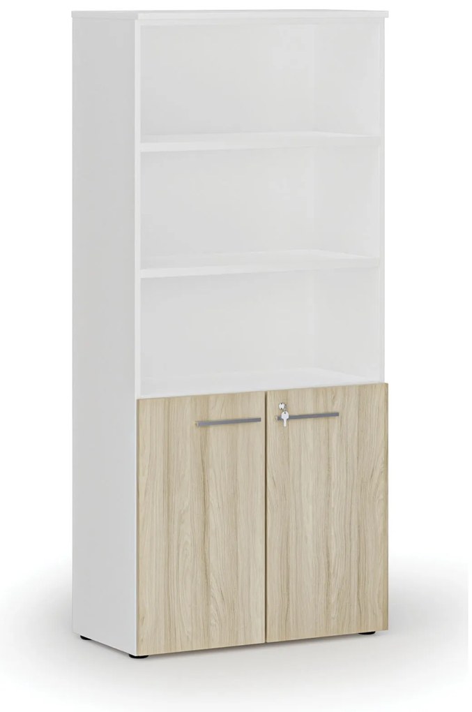 Szafa biurowa kombinowana PRIMO WHITE, drzwi na 2 poziomach, 800 x 420 x 1781 mm, biały/dąb naturalny