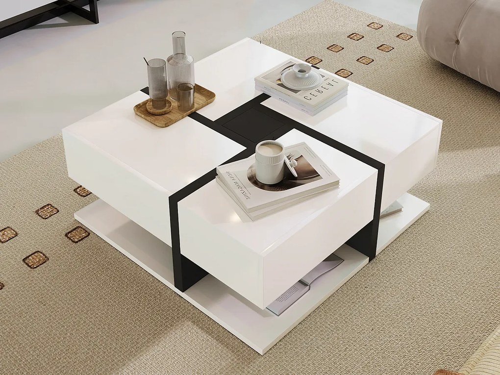Stolik kawowy kwadratowy z połyskiem i 4 szufladami, Płyta wiórowa, Biały, 78 x 78 x 36 cm