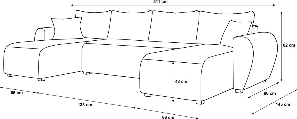 Rozkładana sofa narożna w kształcie U SEVIO 311x145 cm, ciemnoszara + 2 poduszki GRATIS