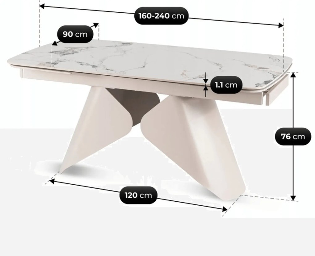 Ceramiczny stół z rozkładanym blatem Verona 160-240 cm, biały marmur/kaszmir