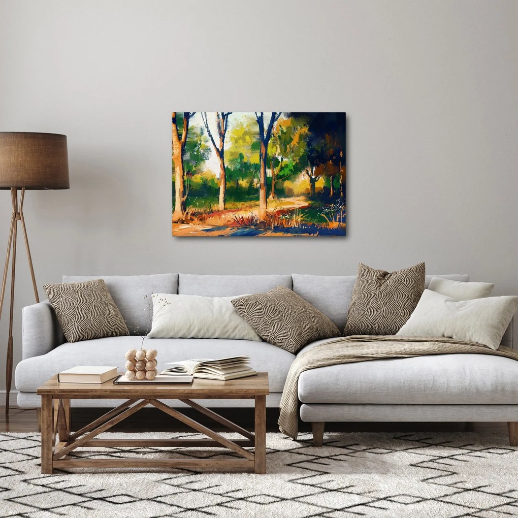 Obraz lasu w letnim słońcu, malarstwo (70x50 cm)