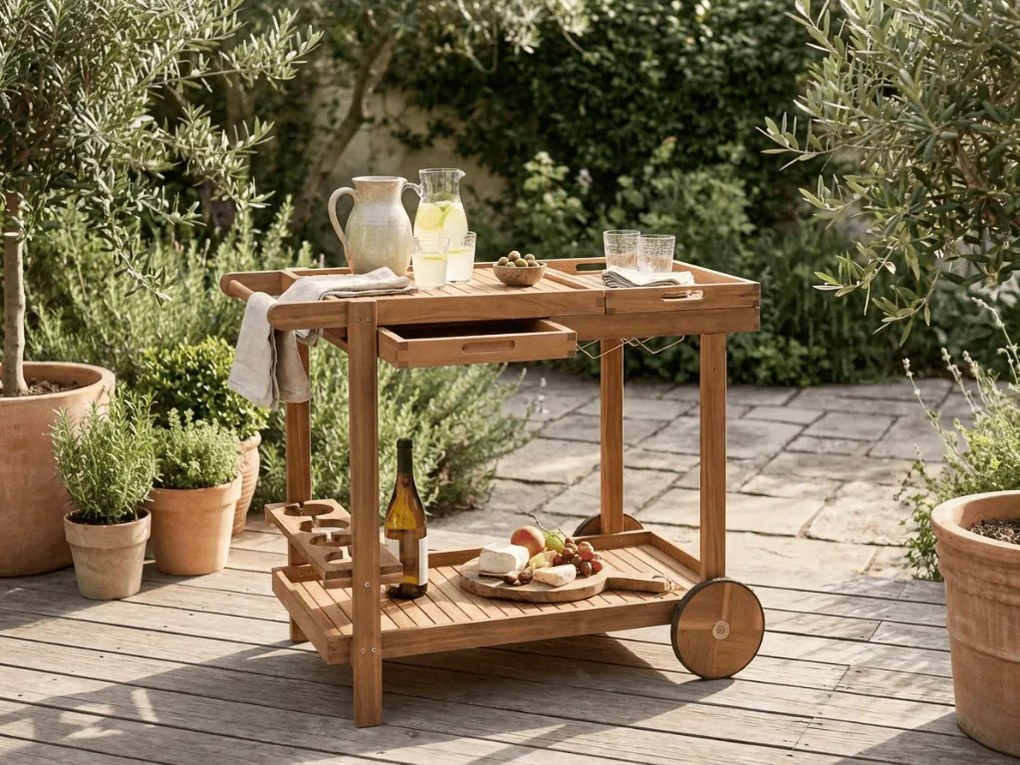 Ogrodowy stolik serwujący na kółkach GRIL PARTY, drewno akacjowe