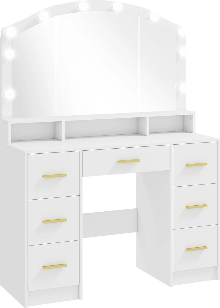 HOMCOM Toaletka z 10 lampami LED w stylu Hollywood, lustro, 7 szuflad, 3 przegrody, MDF, biała