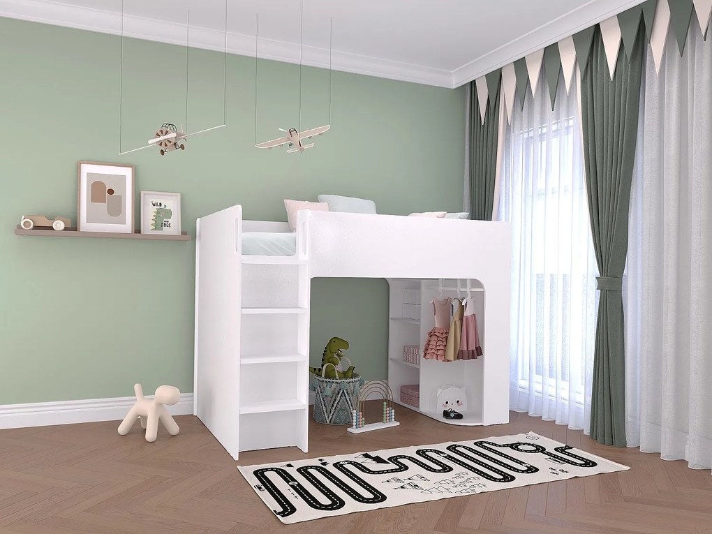 Łóżko antresola 90 x 190 cm  ze skrzynią i - Biały - Z materacem - COLUMI