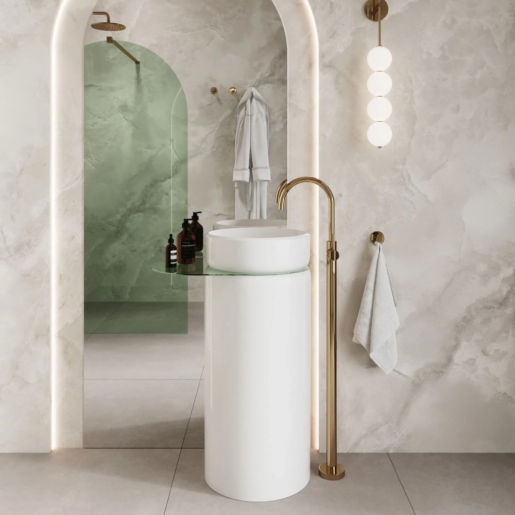 Umywalka z konglomeratu wolnostojąca okrągła z półką szklaną 85 x 40 cm RONA bez przelewu | Różne kolory półki : Kolor szkła - Zielony, Kolor umywalki RONA - Biały połysk, Podłączenie syfonu - Do podłogi, Półka - Szklana