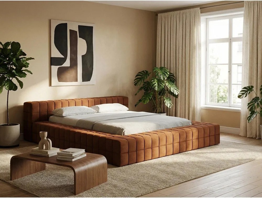 Tapicerowane łóżko dwuosobowe w kolorze terakoty ze stelażem 160x200 cm Akela – Makamii