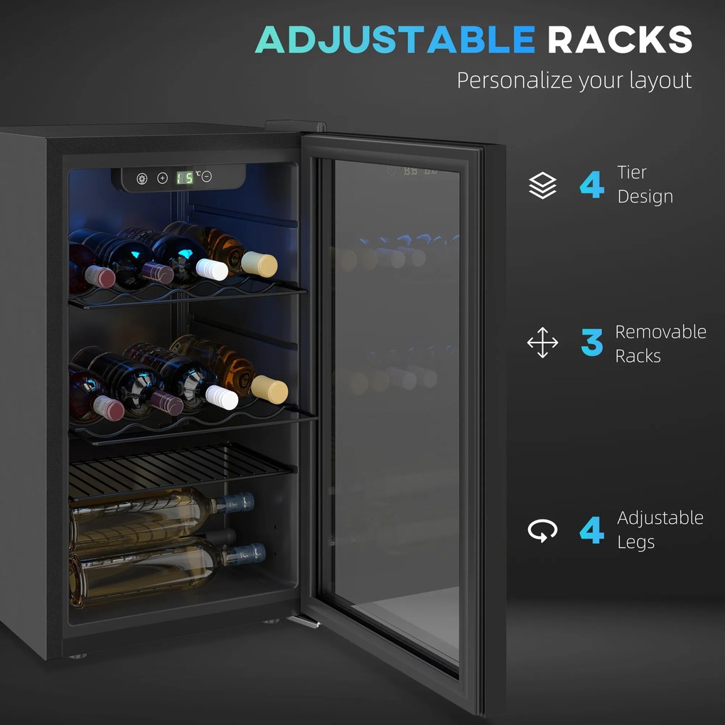 HOMCOM Chłodziarka do wina na 24 butelki, 68 litrów pojemności, 4-16°C, stojąca lodówka na napoje, piwo i wino z szklanymi drzwiami, czarna | Aosom PL