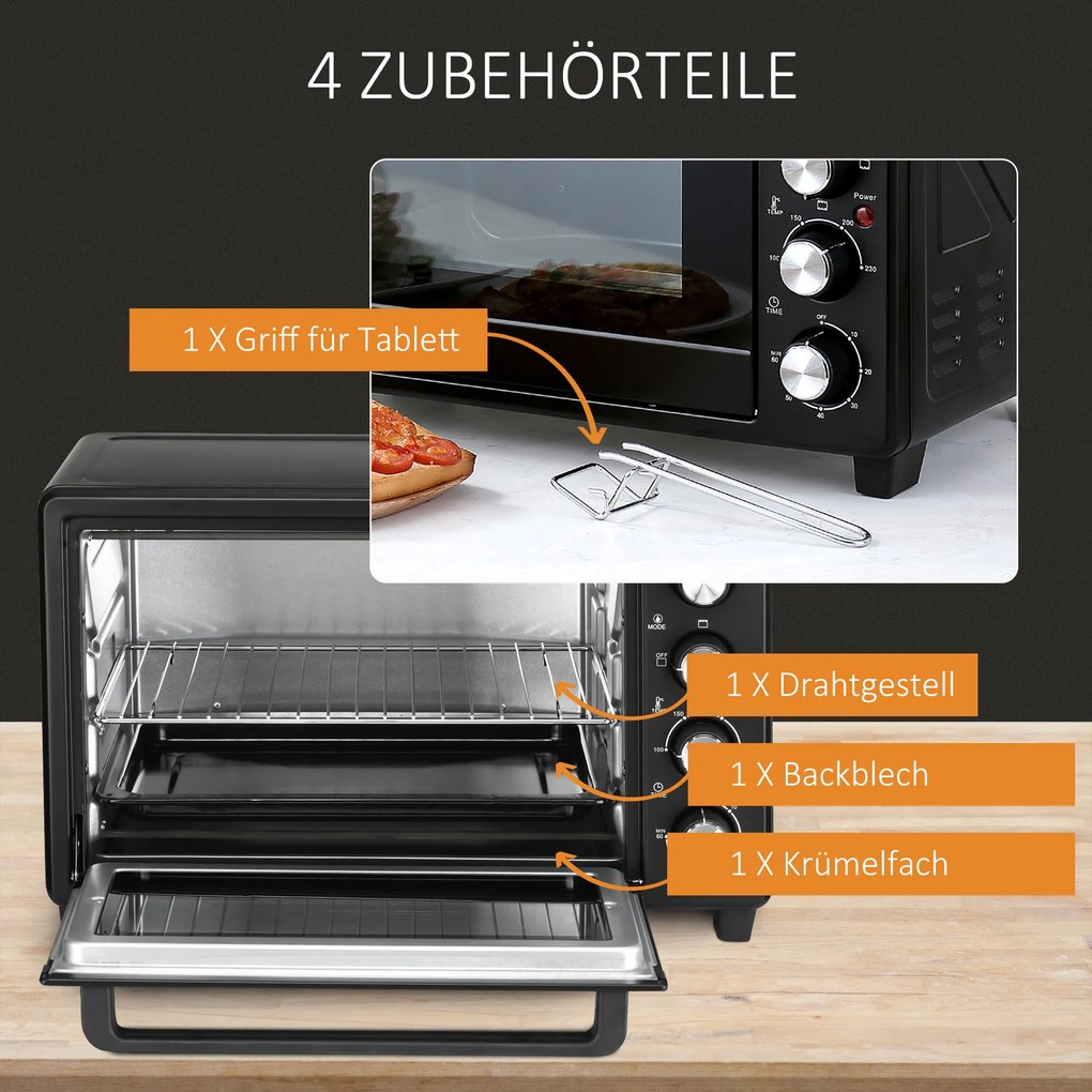 HOMCOM Minipiec Toster, 1 blacha do pieczenia, 1 ruszt, funkcja timera, czarny