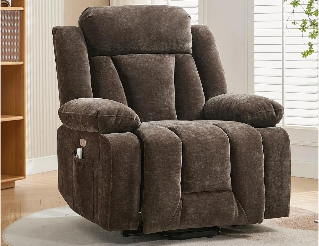 Fotel do masażu elektryczny regulowany 95x94x107cm - Funkcje masażu i ogrzewania - Boczne kieszenie - Uchwyt na kubek i porty USB - Brązowy