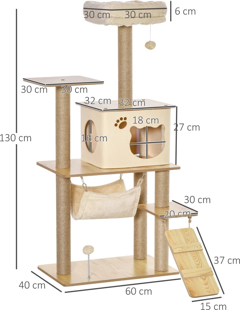 PawHut choinka dla kota z jaskinią dla kota wysokość 130 cm juta pluszowa żółta