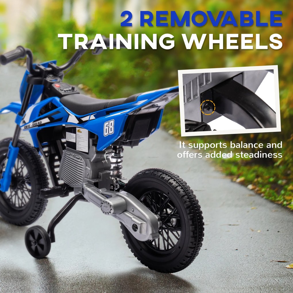 AIYAPLAY Elektryczny motocykl dla dzieci, manualna kontrola gazu, koła treningowe, muzyka, Niebieski, 107 x 56 x 70 cm