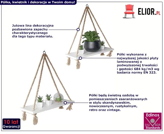 Zestaw dwóch białych półek na linach - Linet 2X