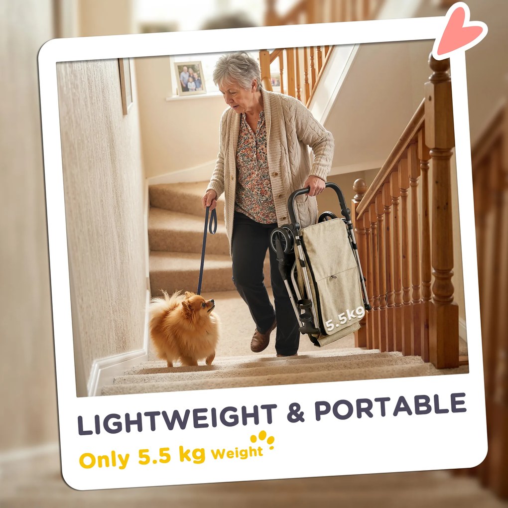 PawHut Wózek dla psów, lekki i składany, z pralną poduszką i oknami z siatek, Khaki