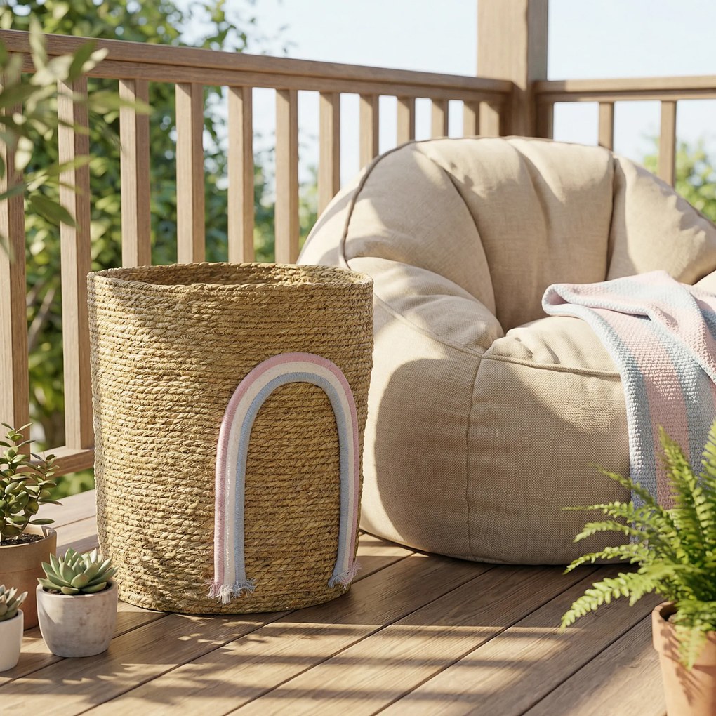 HOMCOM Kosz do przechowywania 24,7L z dekoracją tęczową, duży pleciony kosz do łazienki, sypialni, naturalny | Aosom PL